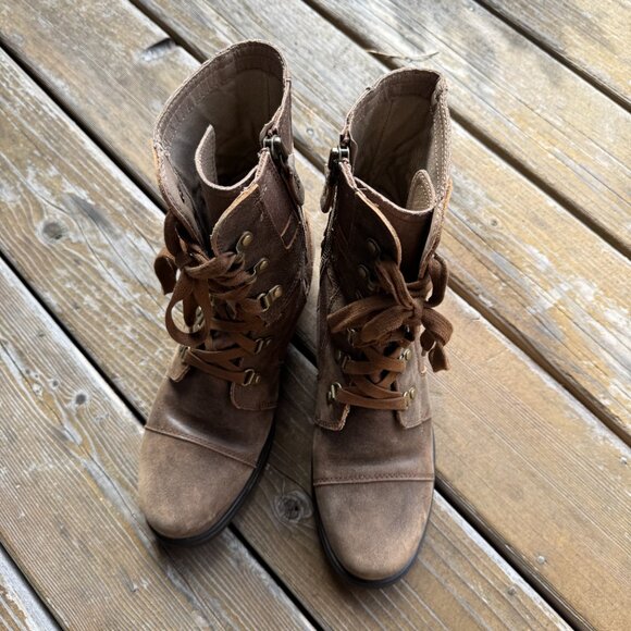 Sorel Major Carly Brown Leather & Canvas Lace Up Side Zip Combat Boots Womens 9 - Picture 11 of 15